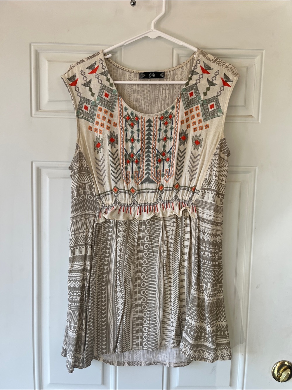 Tru Luxe Jeans Cream Boho Sleeveless Embroidered Tank with Orange Accents